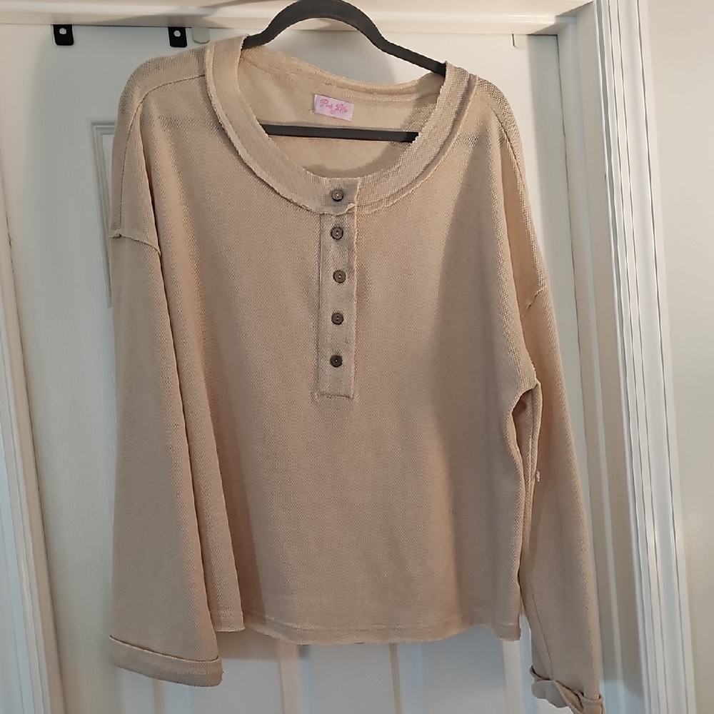 Pink Lily Beige Long Sleeve Henley Top
